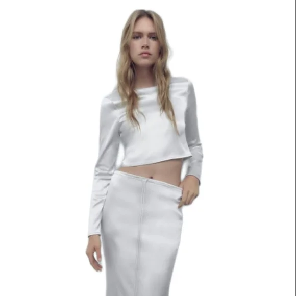 Zara | Tops | Zara Satin Effect Crop Top Pearl Gray 131833